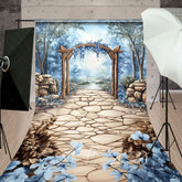 Aperturee - Aperturee Trees Blue Floral Arch Stone Floor Sweep Backdrop